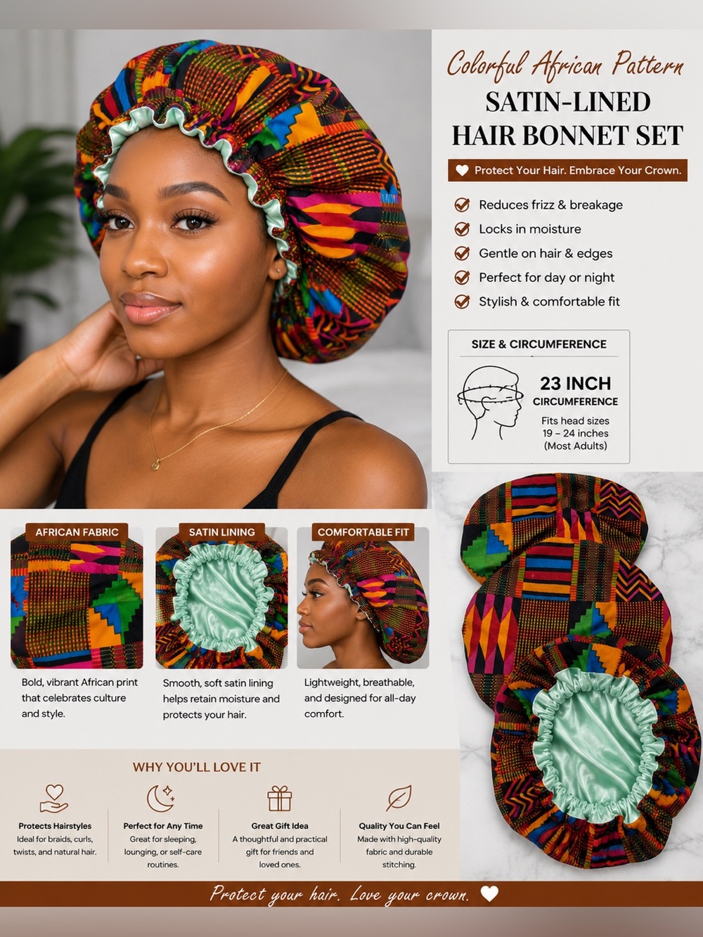 Colorful African pattern Satin-Lined Hair Bonnet set